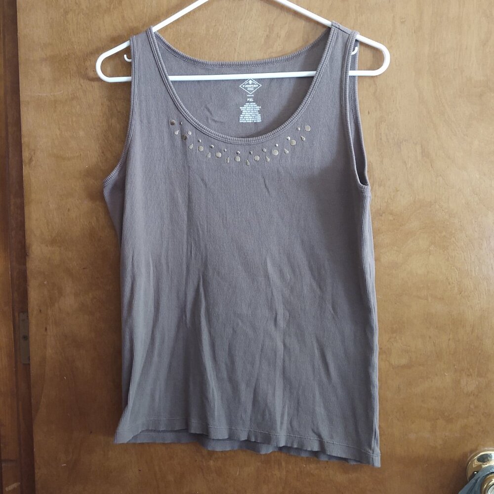 ST JOHNS BAY PXL WOMENS EMBELISHED SCOOP NECK RIBBED TANK TOP MOCHA BROWN